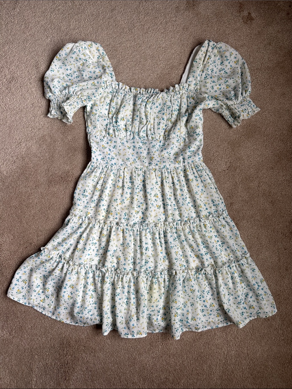 Smocked Puff-Sleeve Floral Women's Dress in White